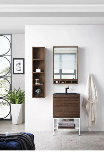 Milan 23.6" Single Vanity, Mid-Century Walnut, Glossy White w/ Charcoal Black Composite Stone Top - Image 2