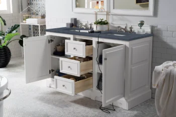 De Soto 60" Double Vanity, Bright White w/ 3 CM Charcoal Soapstone Quartz Top - Image 4