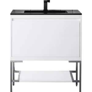 Milan 31.5″ Single Vanity, Glossy White, Brushed Nickel w/ Charcoal Black Composite Stone Top