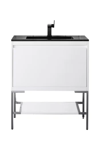 Mantova 31.5" Single Vanity, Glossy White, Brushed Nickel Base w/ Charcoal Black Composite Stone Top