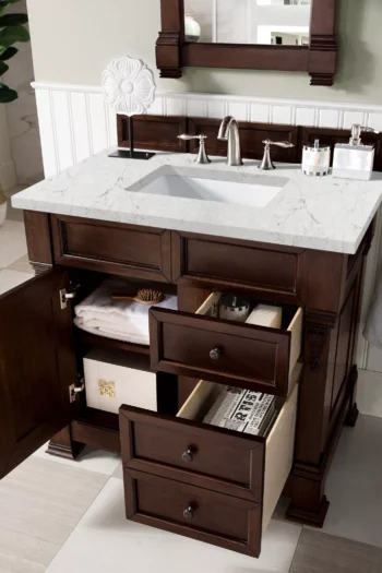 Brookfield 36" Single Vanity, Burnished Mahogany w/ 3 CM Eternal Jasmine Pearl Quartz Top - Image 3