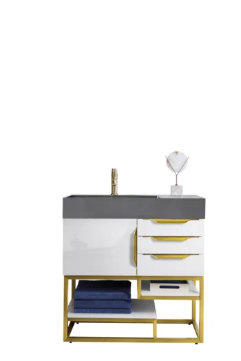 Columbia 36" Single Vanity, Glossy White, Radiant Gold w/ Dusk Grey Glossy Composite Stone Top