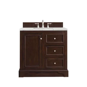 De Soto 36″ Single Vanity, Burnished Mahogany w/ 3 CM Eternal Jasmine Pearl Quartz Top
