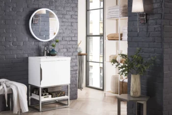 Columbia 24" Single Vanity, Glossy White, Brushed Nickel w/ White Glossy Composite Stone Top - Image 3