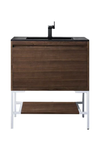 Milan 31.5" Single Vanity, Mid-Century Walnut, Glossy White w/ Charcoal Black Composite Stone Top