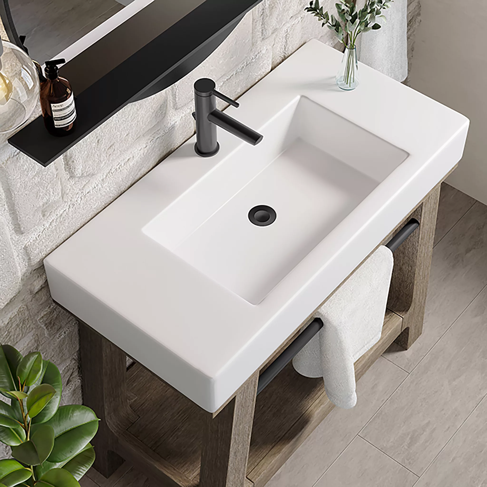 Auburn 36" Single Sink Console, Weathered Timber w/ Glossy White Mineral Composite Stone Top - Image 5