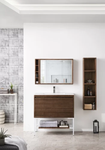 Milan 35.4" Single Vanity, Mid-Century Walnut, Glossy White w/ Glossy White Composite Stone Top - Image 2