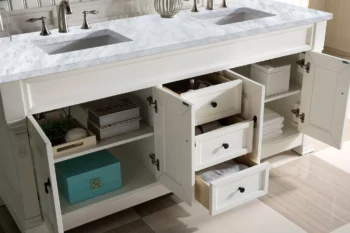 Brookfield 72" Double Vanity, Bright White w/ 3 CM Carrara Marble Top - Image 4