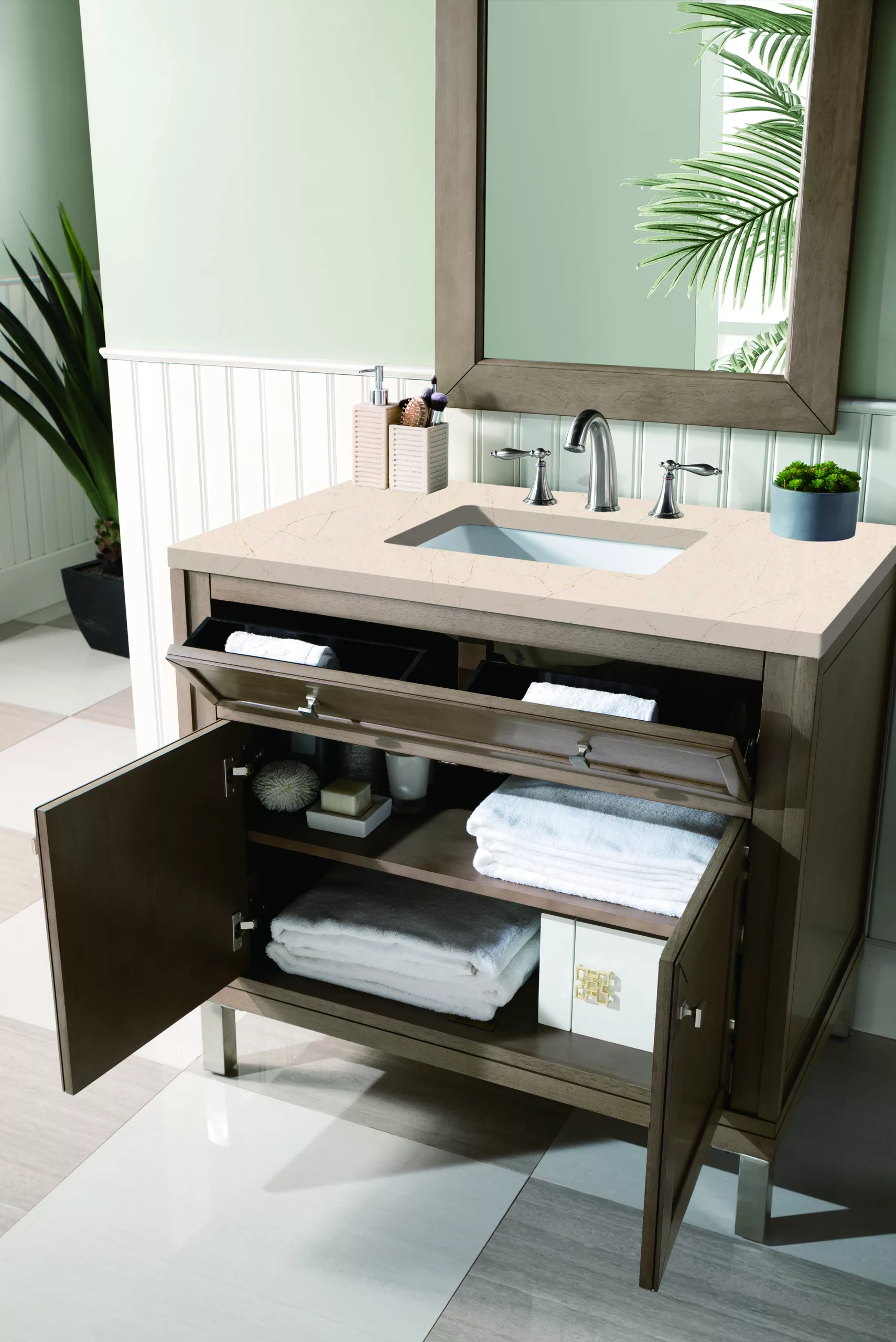 Chicago 36" Single Vanity, Whitewashed Walnut w/ 3 CM Eternal Marfil Quartz Top - Image 6