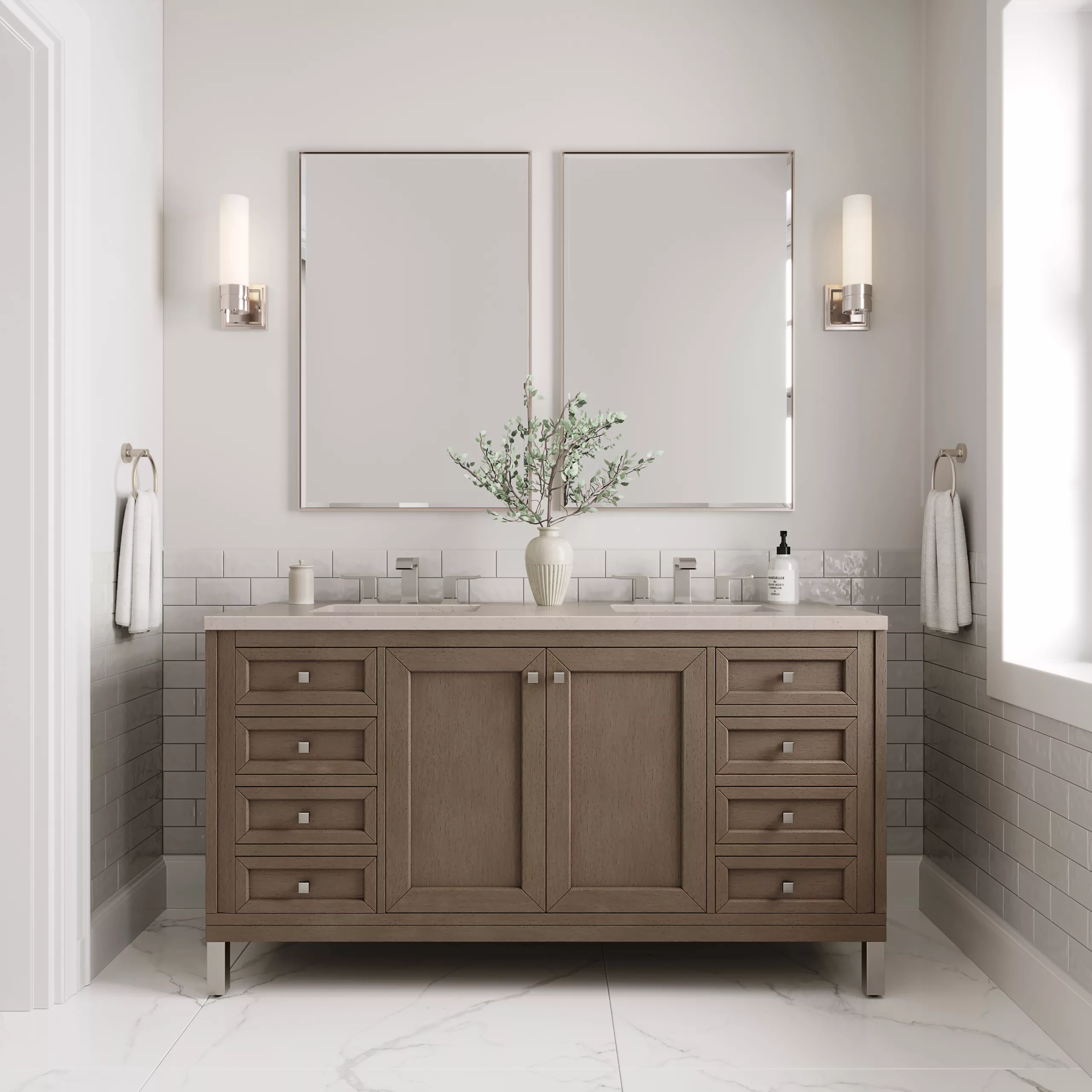 Chicago 60" Double Vanity, Whitewashed Walnut w/ 3 CM Eternal Marfil Quartz Top - Image 2