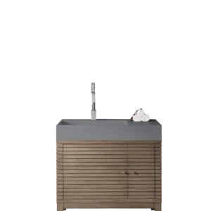 Linear 36″ Single Vanity, Whitewashed Walnut w/ Dusk Grey Glossy Composite Stone Top