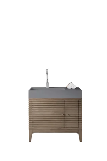 Linear 36" Single Vanity, Whitewashed Walnut w/ Dusk Grey Glossy Composite Stone Top