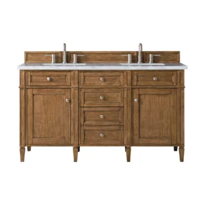Brittany 60″ Double Vanity, Saddle Brown w/ 3 CM Carrara Marble Top