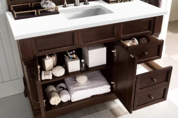 Brookfield 48" Single Vanity, Burnished Mahogany w/ 3 CM White Zeus Quartz Top - Image 4