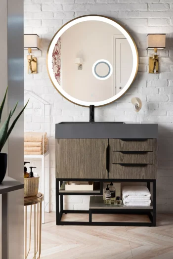 Columbia 36" Single Vanity, Ash Gray, Matte Black w/ Dusk Grey Glossy Composite Stone Top - Image 2