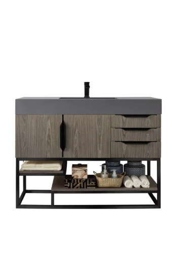 Columbia 48" Single Vanity, Ash Gray, Matte Black w/ Dusk Grey Glossy Composite Stone Top