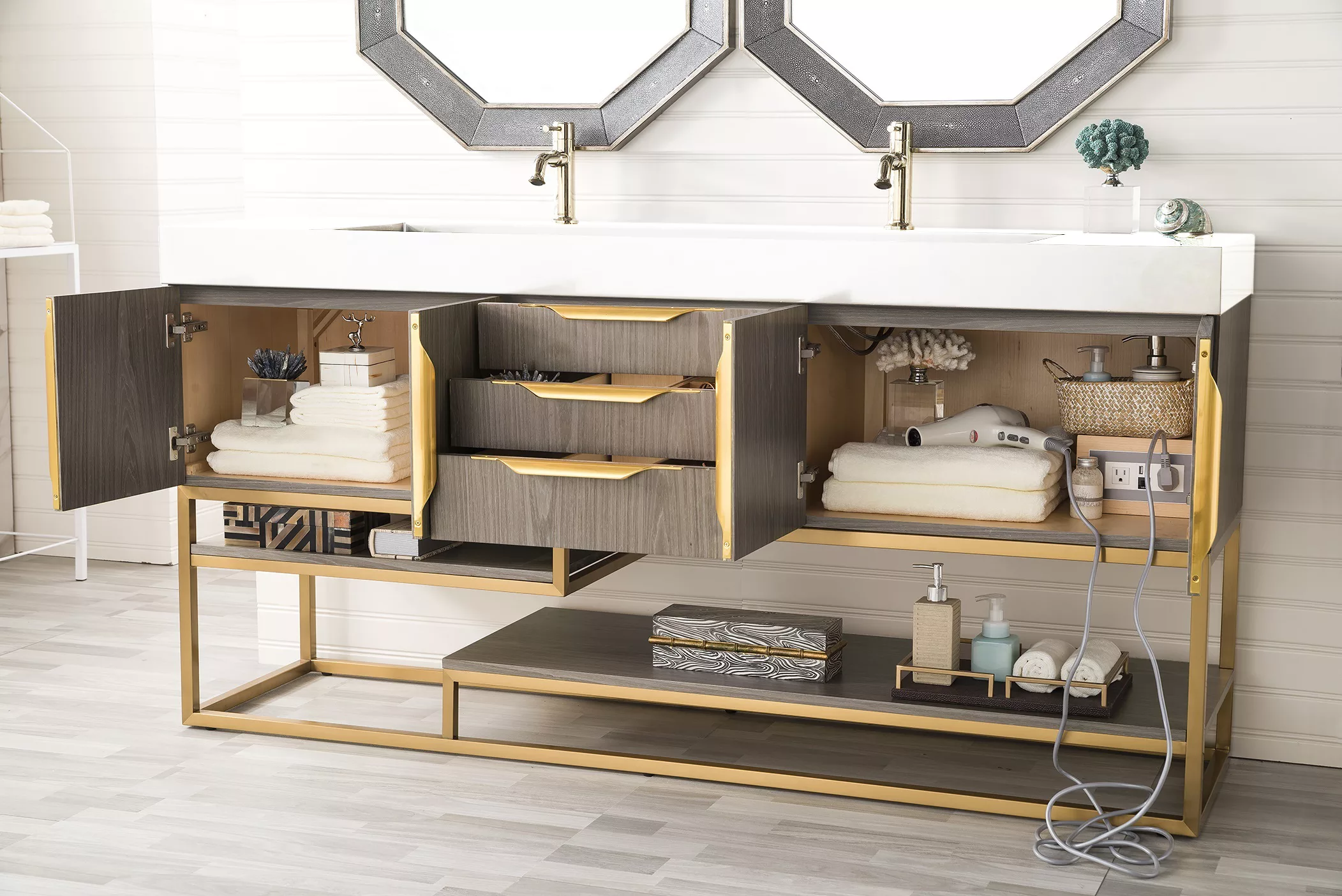 Columbia 72" Double Vanity, Ash Gray, Radiant Gold w/ Glossy White Composite Stone Top - Image 3