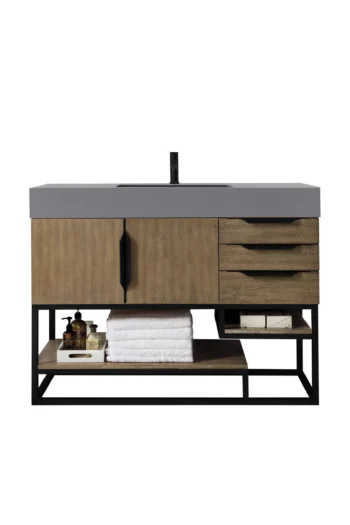Columbia 48" Single Vanity, Latte Oak, Matte Black w/ Dusk Grey Glossy Composite Stone Top