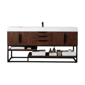 Columbia 72″ Single Vanity, Coffee Oak, Matte Black w/ Glossy White Composite Stone Top