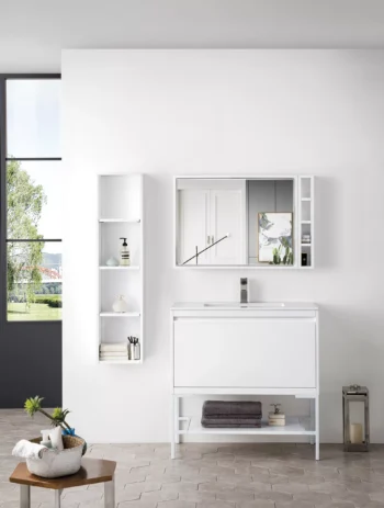 Milan 35.4" Single Vanity, Glossy White, Glossy White w/ Glossy White Composite Stone Top - Image 2