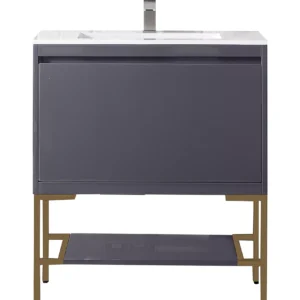 Milan 31.5″ Single Vanity, Modern Gray Glossy, Radiant Gold w/ Glossy White Composite Stone Top