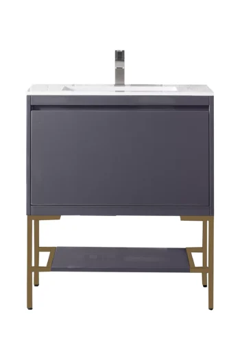 Milan 31.5" Single Vanity, Modern Gray Glossy, Radiant Gold w/ Glossy White Composite Stone Top