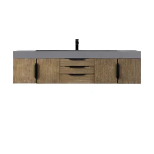 Mercer Island 72″ Single Vanity, Latte Oak, Matte Black w/ Dusk Grey Glossy Composite Stone Top