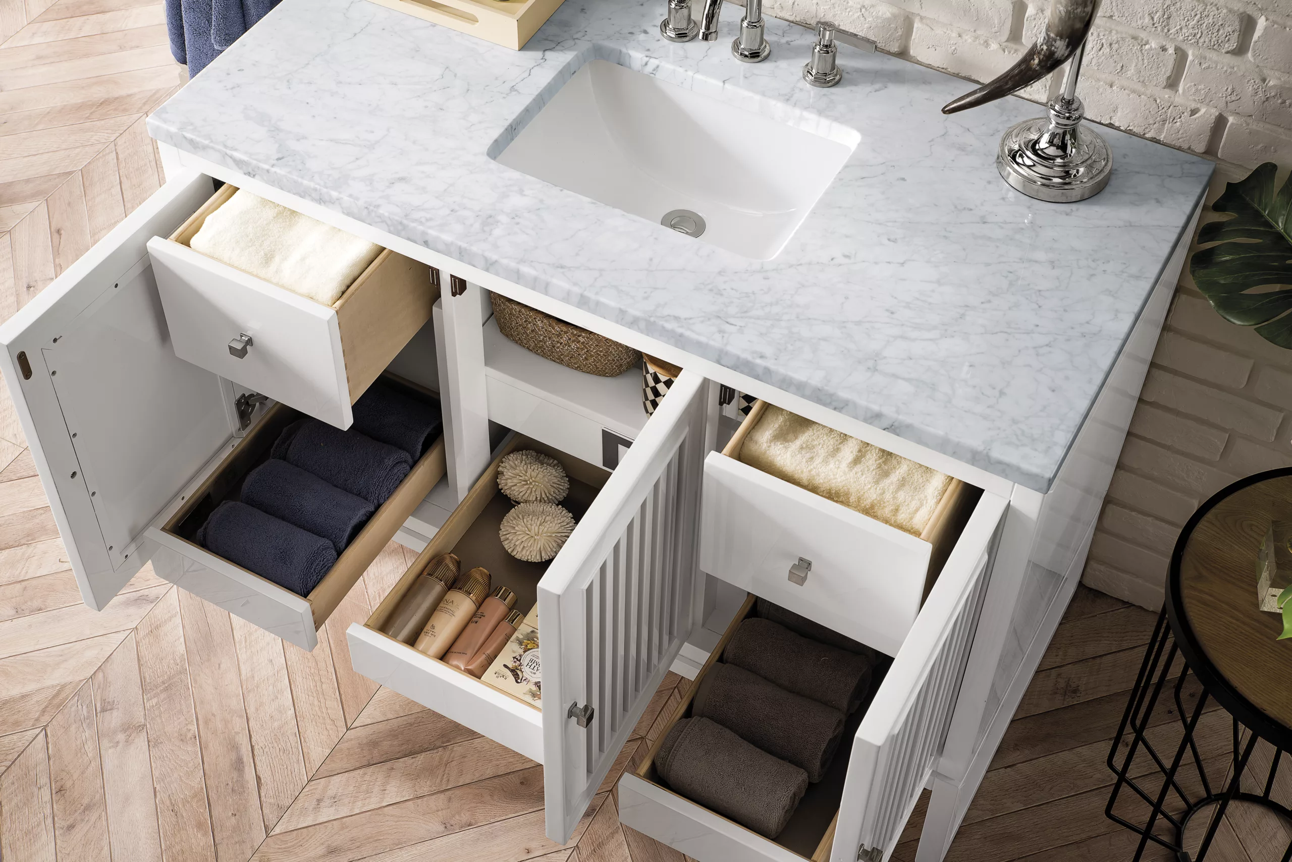 Athens 48" Single Vanity, Glossy White w/ 3 CM Carrara White Top - Image 6