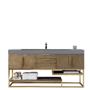 Columbia 72″ Single Vanity, Latte Oak, Radiant Gold w/ Dusk Grey Glossy Composite Stone Top