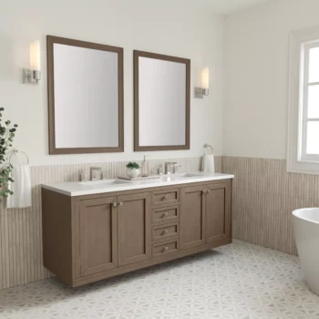 Chicago 72" Double Vanity, Whitewashed Walnut w/ 3 CM White Zeus Quartz Top - Image 5
