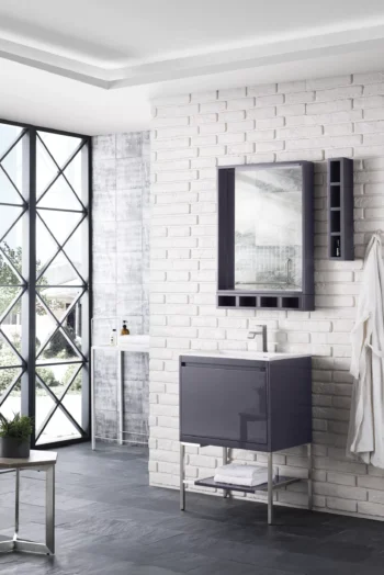 Milan 23.6" Single Vanity, Modern Gray Glossy, Brushed Nickel w/ Glossy White Composite Stone Top - Image 3