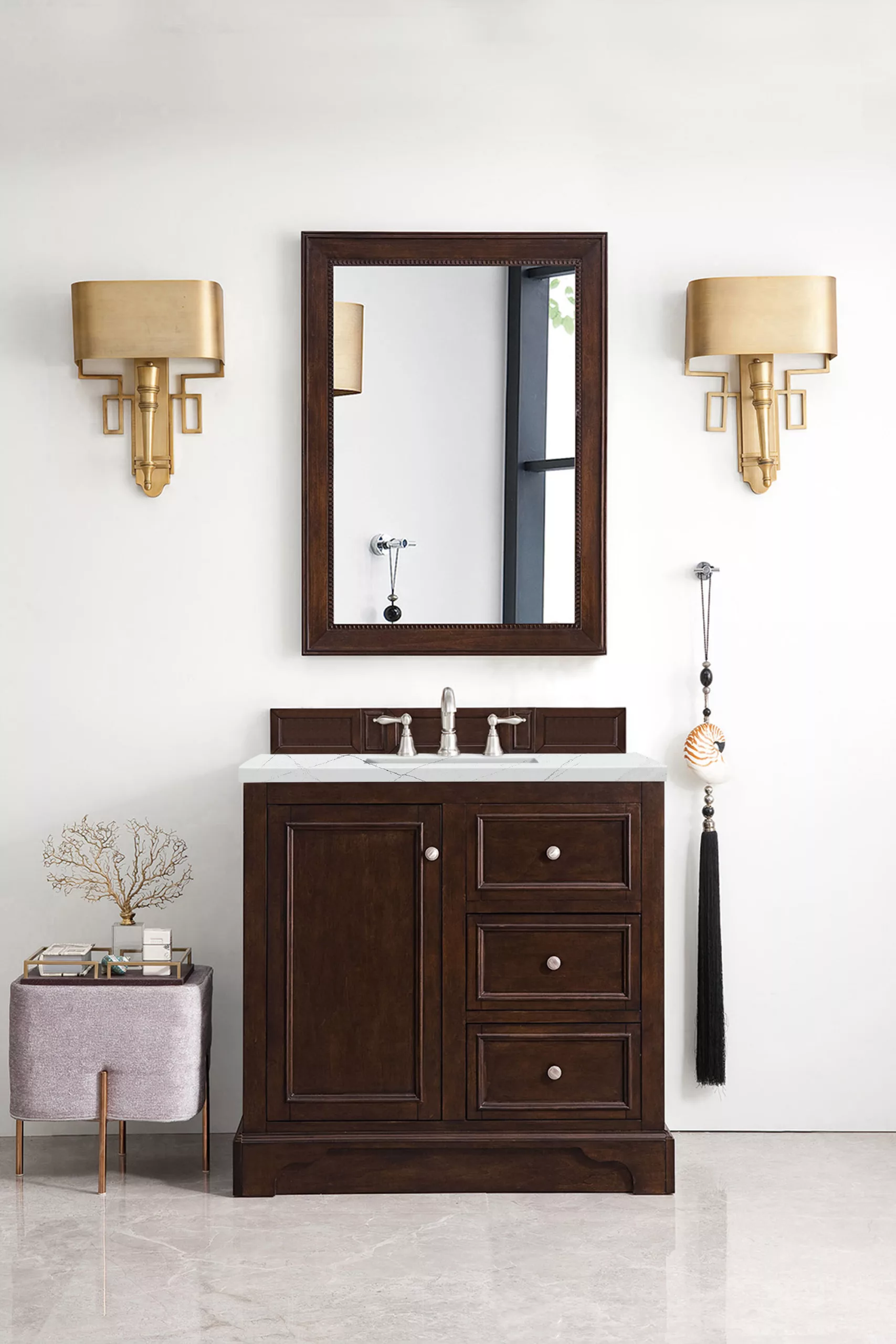 De Soto 36" Single Vanity, Burnished Mahogany w/ 3 CM Ethereal Noctis Quartz Top - Image 3