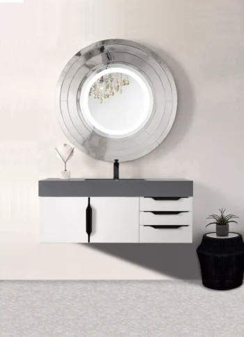 Mercer Island 48" Single Vanity, Glossy White, Matte Black w/ Dusk Grey Glossy Composite Stone Top - Image 2