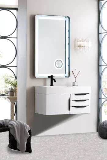 Mercer Island 36" Single Vanity, Glossy White, Matte Black w/ Glossy White Composite Stone Top - Image 3