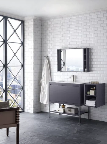 Milan 35.4" Single Vanity, Modern Gray Glossy, Matte Black w/ Glossy White Composite Stone Top - Image 3