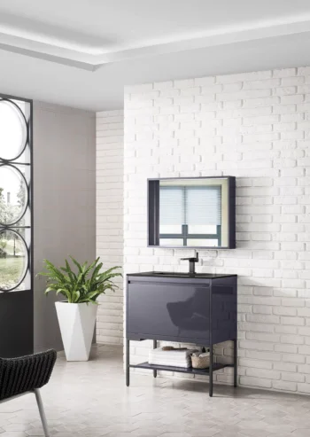 Milan 31.5" Single Vanity, Modern Gray Glossy, Matte Black w/ Charcoal Black Composite Stone Top - Image 3