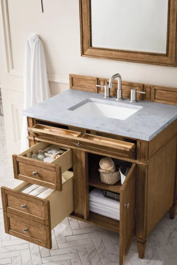 Brittany 36" Single Vanity, Saddle Brown w/ 3 CM Carrara Marble Top - Image 4