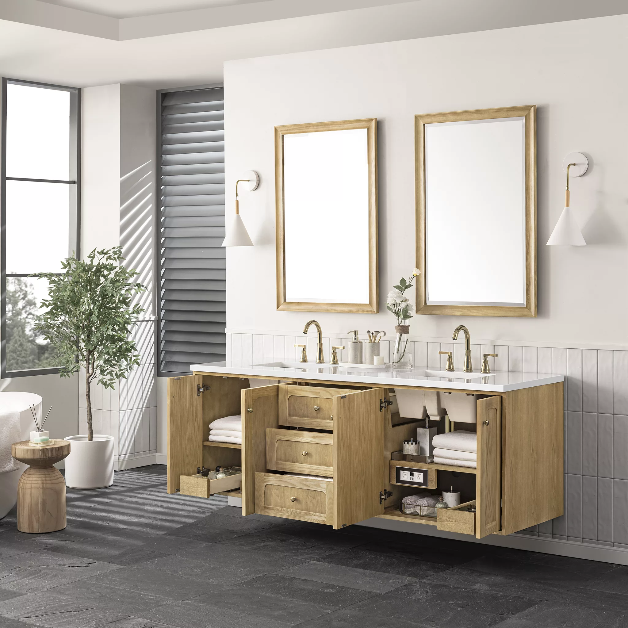Laurent 72" Double Vanity, Light Natural Oak w/ 3 CM White Zeus Top - Image 7