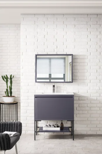 Milan 31.5" Single Vanity, Modern Gray Glossy, Matte Black w/ Glossy White Composite Stone Top - Image 2