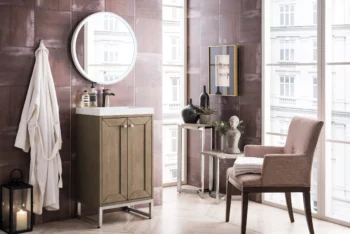 Chianti 20" Single Vanity, Whitewashed Walnut, Brushed Nickel, w/ White Glossy Composite Stone Top - Image 3