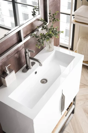 Columbia 31.5" Single Vanity, Glossy White, Brushed Nickel, w/ White Glossy Composite Stone Top - Image 6