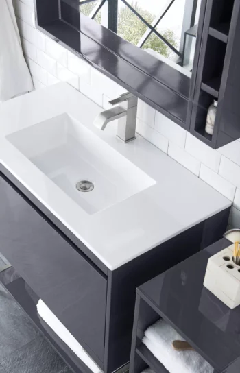 Milan 35.4" Single Vanity, Modern Gray Glossy, Brushed Nickel w/ Glossy White Composite Stone Top - Image 5