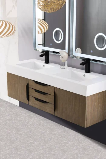 Mercer Island 59" Double Vanity, Latte Oak, Matte Black w/ Glossy White Composite Stone Top - Image 3