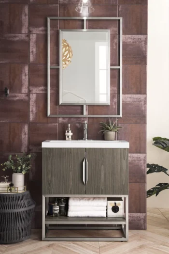 Columbia 31.5" Single Vanity, Ash Gray, Brushed Nickel, w/ White Glossy Composite Stone Top - Image 2