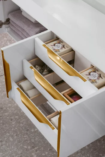 Mercer Island 72" Double Vanity, Glossy White, Radiant Gold w/ Glossy White Composite Stone Top - Image 6