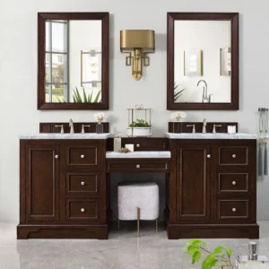 De Soto 82″ Double Vanity Set, Burnished Mahogany w/ 3 CM Carrara Marble Top