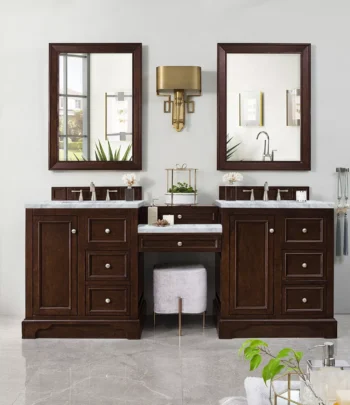 De Soto 82" Double Vanity Set, Burnished Mahogany w/ 3 CM Carrara Marble Top