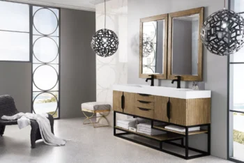 Columbia 72" Double Vanity, Latte Oak, Matte Black w/ Glossy White Composite Stone Top - Image 3