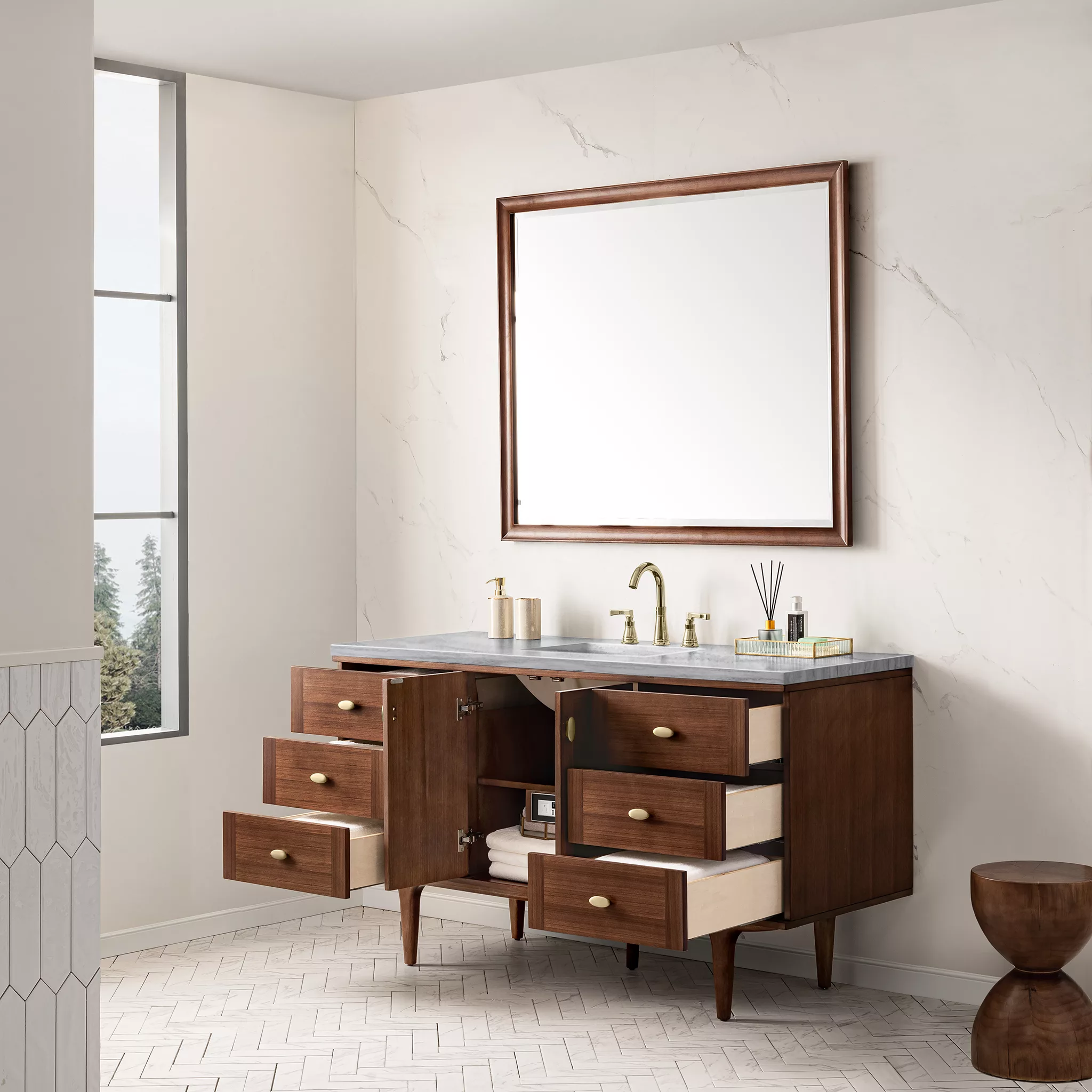 Amberly 60" Single Vanity, Mid-Century Walnut w/ 3 CM Arctic Fall Top - Image 7