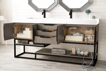 Columbia 72" Double Vanity, Ash Gray, Matte Black w/ Glossy White Composite Stone Top - Image 3